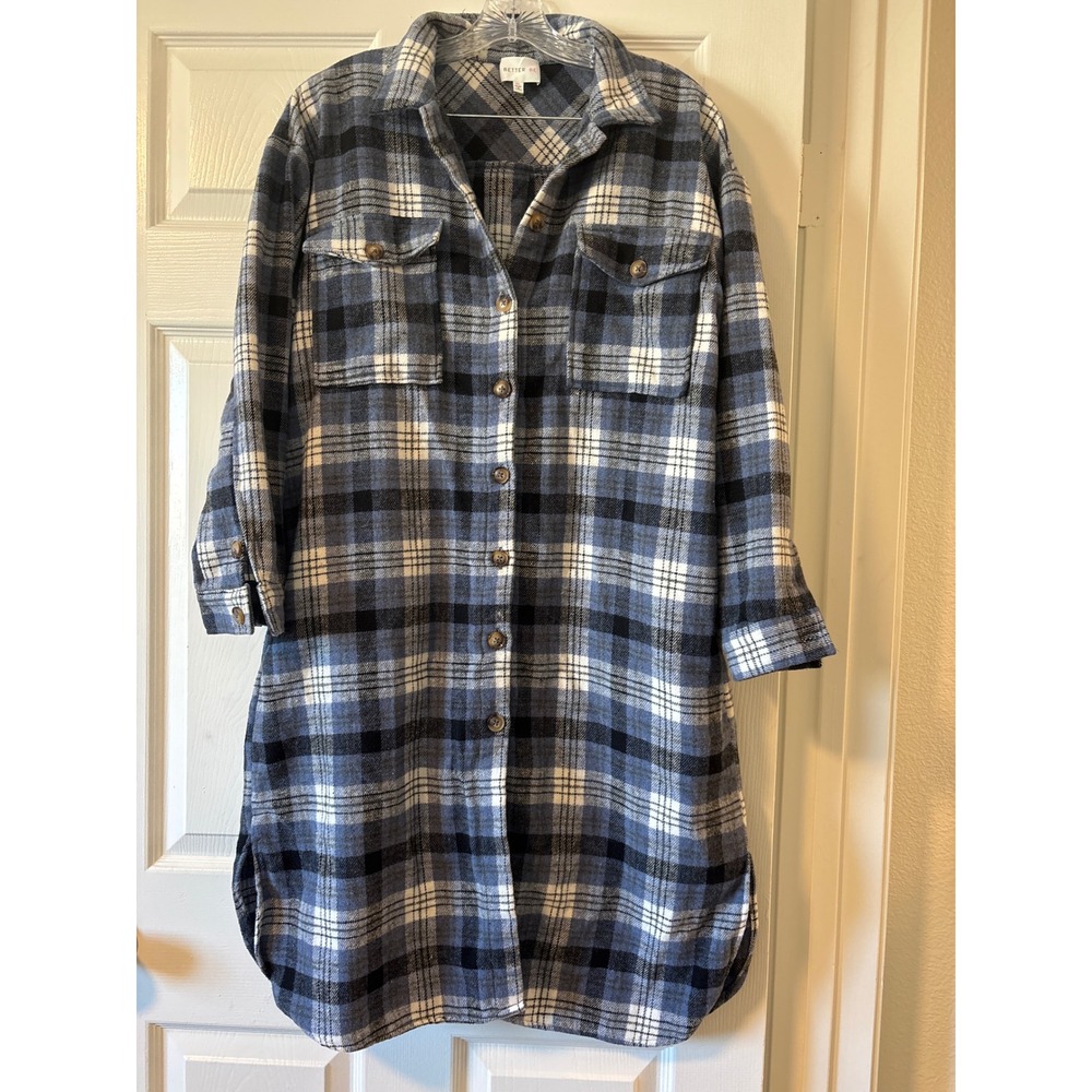 Better Be Plaid Shacket Shirt Dress Womens M/L Blue Excellent Longline Flannel